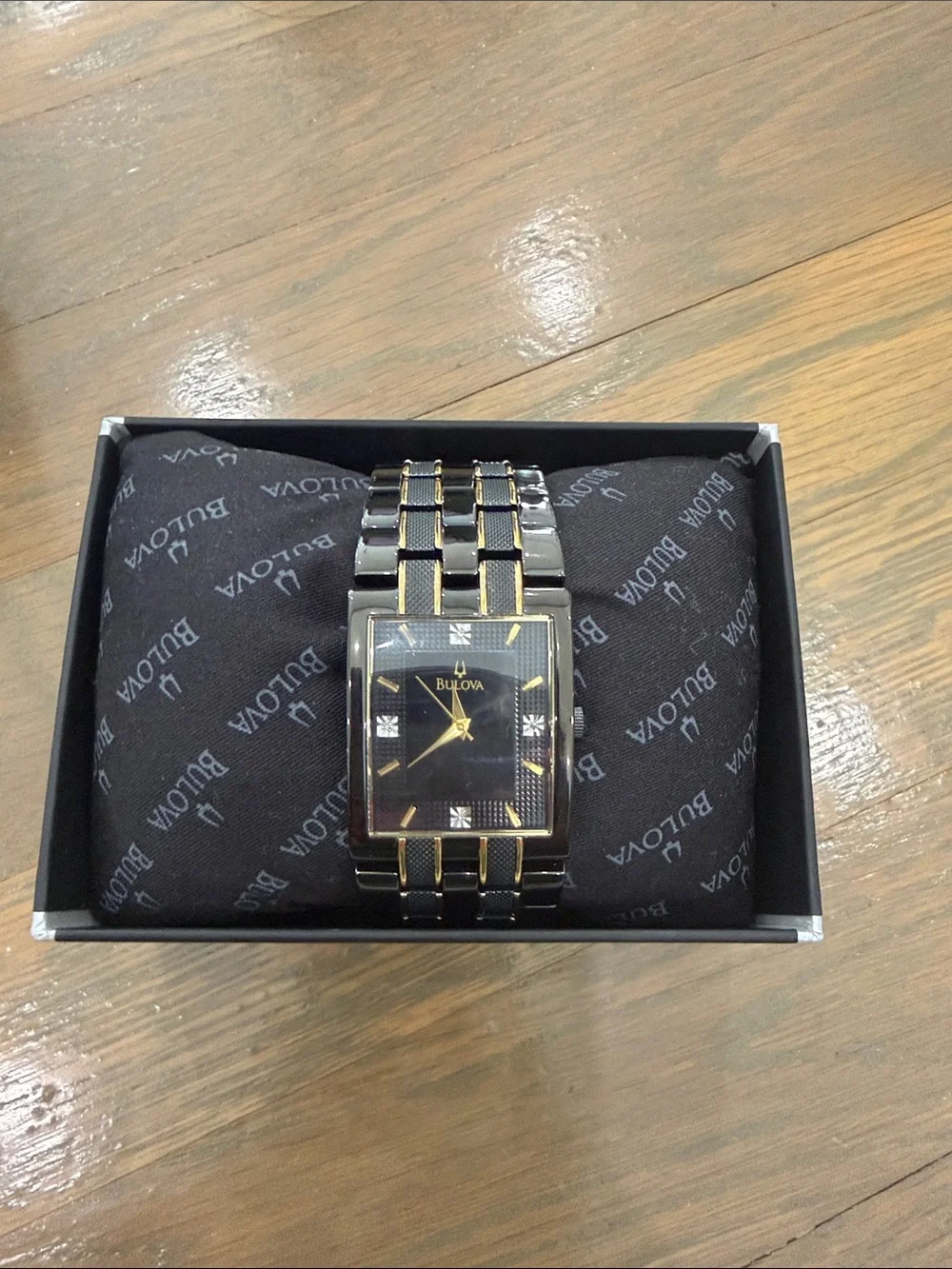Men's Bulova Diamond Accent Two-Tone Black & Gold Rectangular Dial (98D004) NWT